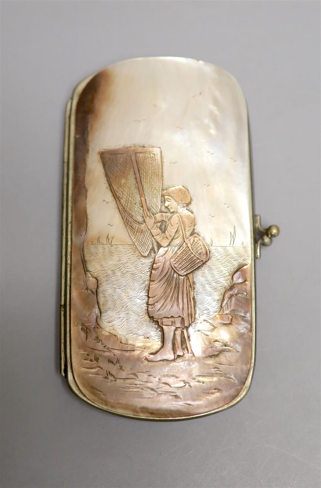 A 19th century mother of pearl figuratively carved purse/case, height 12cm